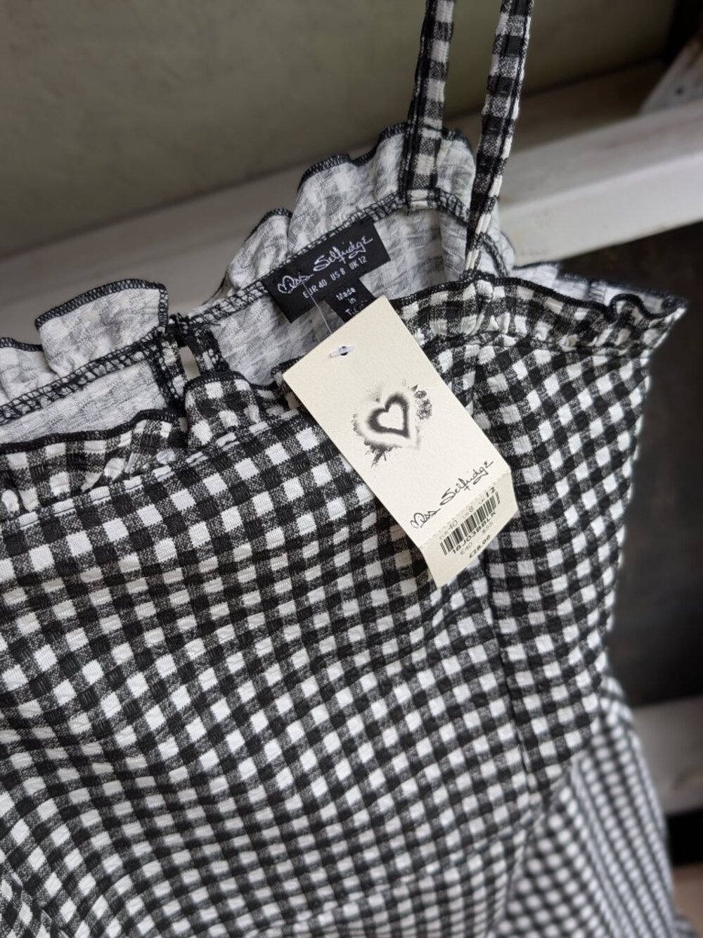 Miss Selfridge Gingham Ruffle Tie Strap Mini Dress Black White Cottagecore 8 - Picture 6 of 8